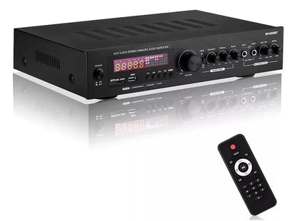 Bluetooth audio power amplifier with front LED display and control knobs, plus remote