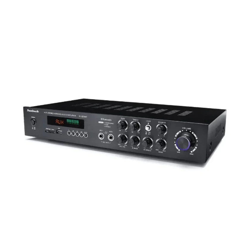 Bluetooth audio power amplifier front panel with knobs, sliders, and LED indicators