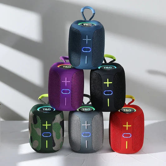 Set of six portable wireless Bluetooth subwoofer speakers in multicolor stack