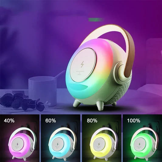 Portable egg-shaped Bluetooth speaker, gray body with gold handle and multicolor light ring