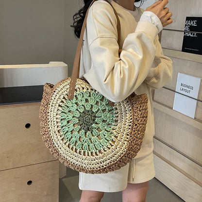 Colorful Crochet Round One-Shoulder Straw Bag for Women - YAXSO