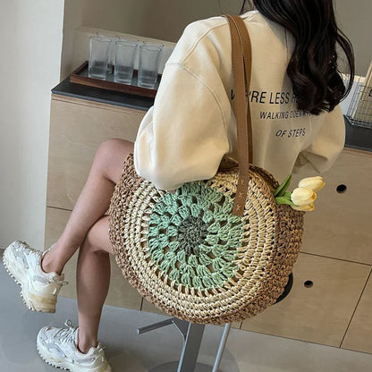 Colorful Crochet Round One-Shoulder Straw Bag for Women - YAXSO