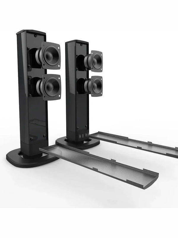 Foldable black Bluetooth speaker with two vertical towers and four circular drivers