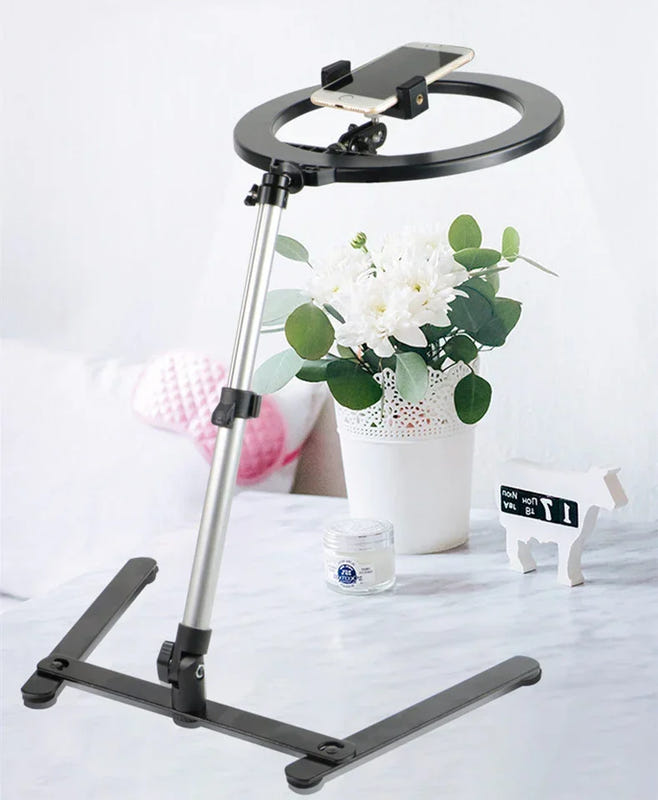 Black 10-inch LED ring fill light with adjustable desktop stand and base