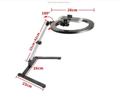Black LED ring fill light desktop stand with adjustable arm and legs, side view