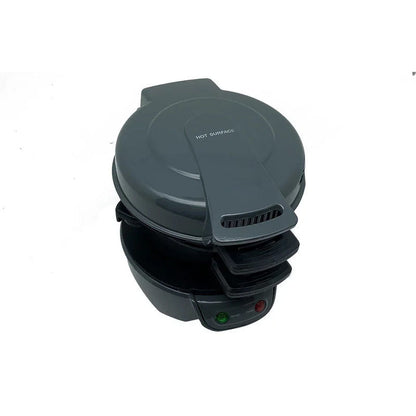 Breakfast sandwich maker, dark charcoal clamshell with vented side and hinged plates