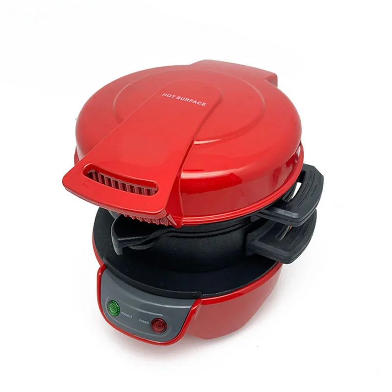 Electric breakfast sandwich maker, bright red clamshell with ridged top and control lights