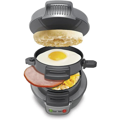 Breakfast sandwich maker, gray housing with egg and bread inside open unit