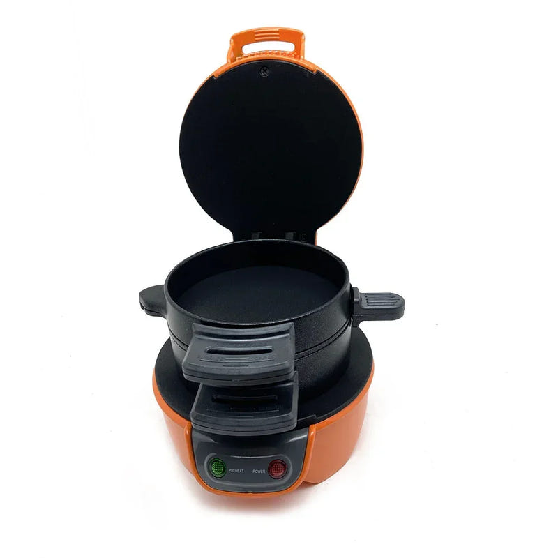 Breakfast sandwich maker, orange base with black open lid and cooking plates