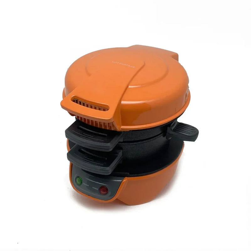 Breakfast sandwich maker, orange clamshell lid with vented side panel and base