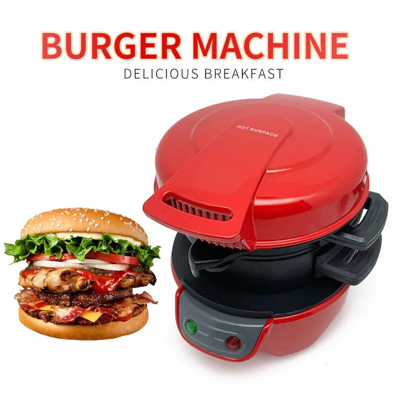 Electric breakfast sandwich maker, red clamshell with ridged top and side vents