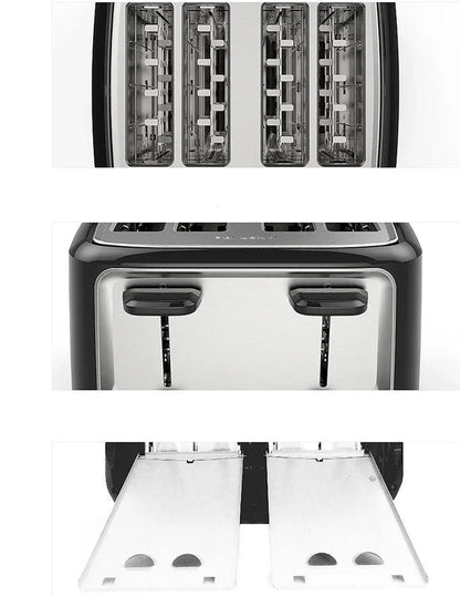 Black 4-slice automatic toaster with four slots and removable crumb tray