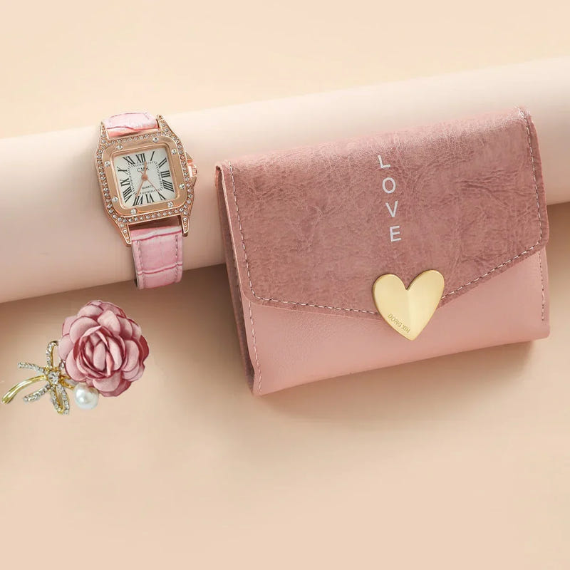 Pink heart wallet and square-faced watch with rose decoration