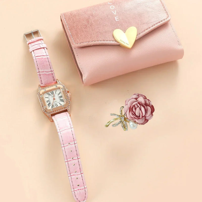 Pink wallet with heart clasp and Love text, plus pink strap square watch and rose