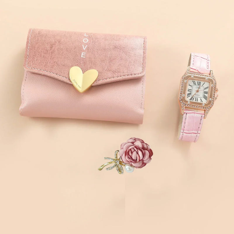 Pink heart wallet with Love text and pink strap watch, with pink rose accessory