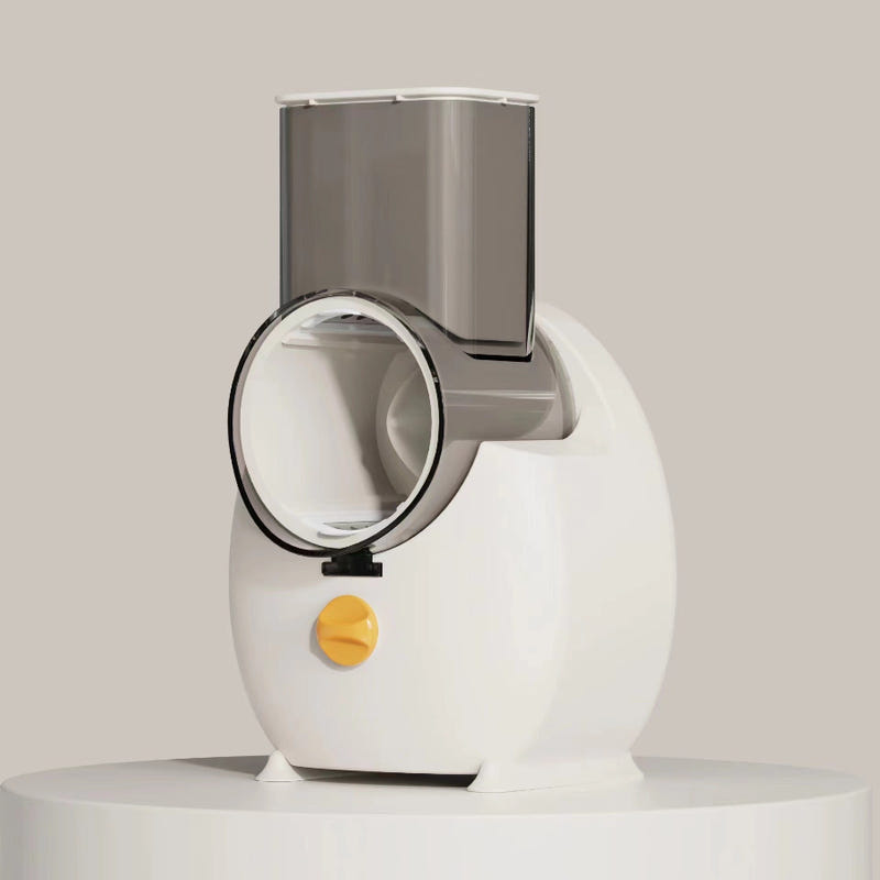 White electric vegetable slicer and grater base with round chute and top container