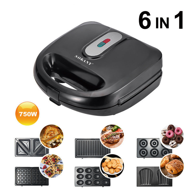 Black Sokany 6-in-1 appliance with various attachments on a white background