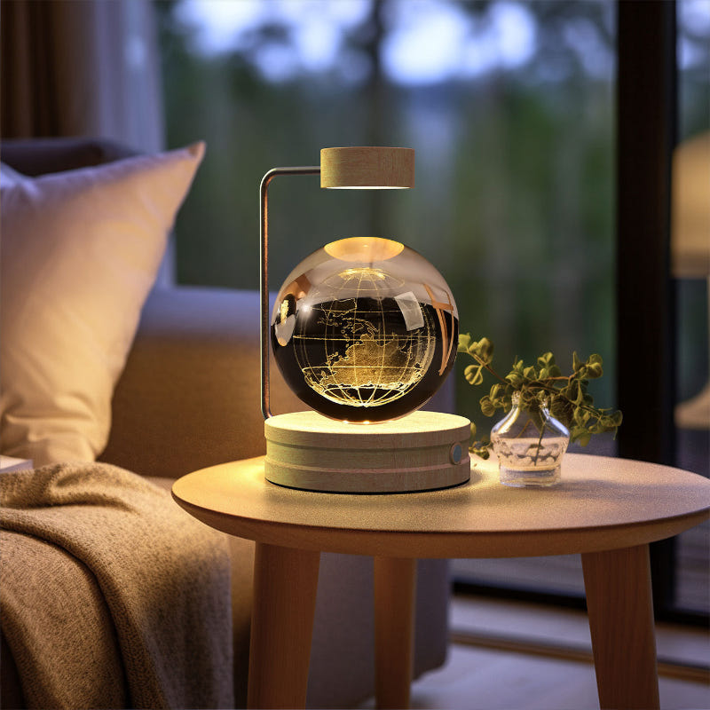 Cosmic LED crystal ball night light with glowing earth-like globe design on wood base