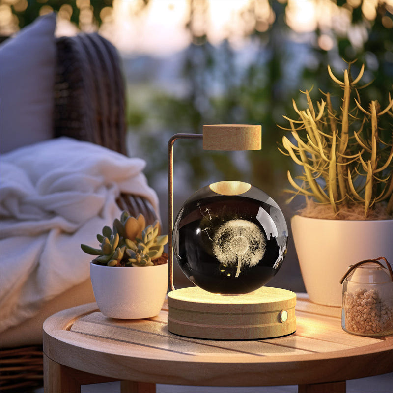 Cosmic LED crystal ball night light with dandelion-like glow inside glass globe