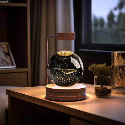 Crystal ball LED night light with warm glowing sphere in clear glass dome on wooden base