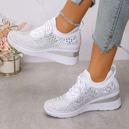 White breathable wedge sneakers with mesh knit, lace-up, thick platform sole.