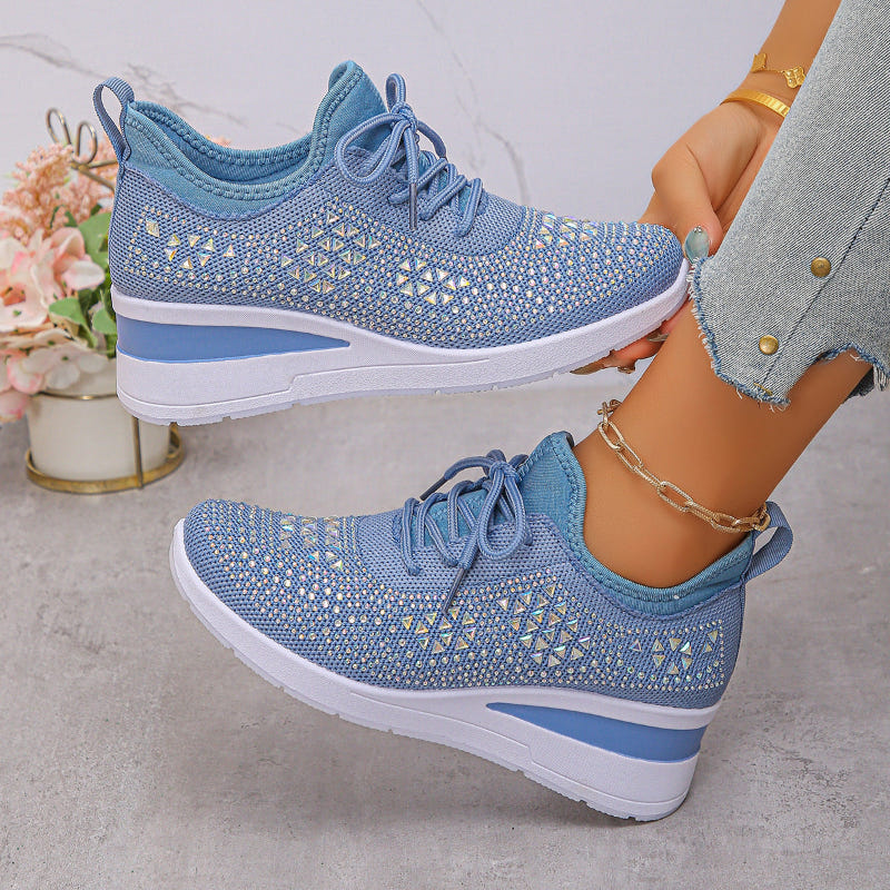Breathable wedge sneakers, sky blue knit mesh lace-up with patterned upper and white wedge sole