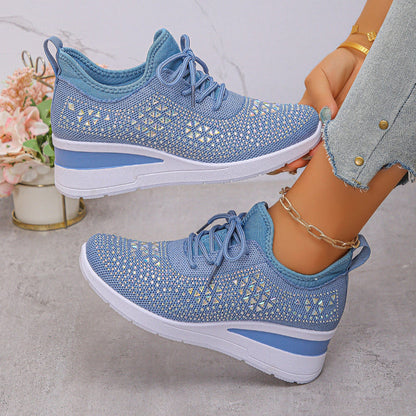 Breathable wedge sneakers, sky blue knit mesh lace-up with patterned upper and white wedge sole