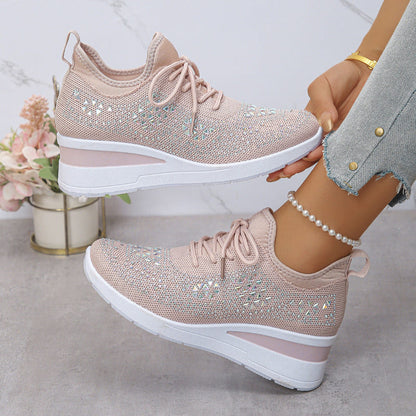 Breathable wedge sneakers, blush pink knit mesh lace-up with patterned upper and white wedge sole