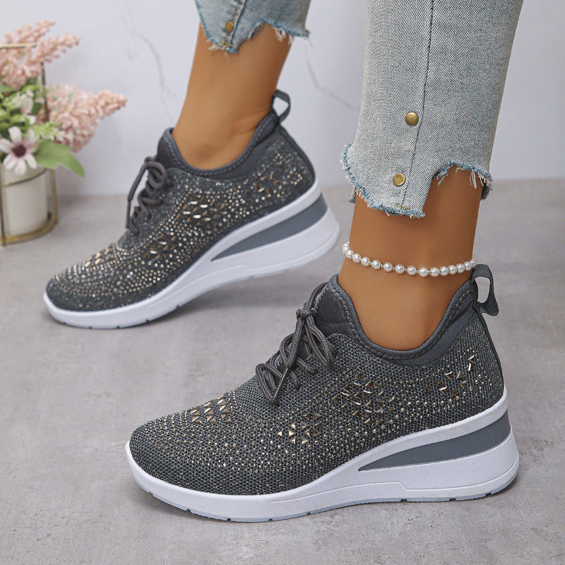 Breathable wedge sneakers, charcoal knit mesh lace-up with patterned upper and white wedge sole