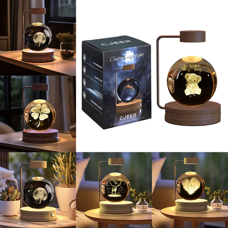 Cosmic LED crystal ball night light with glowing teddy inside glass globe on wood base