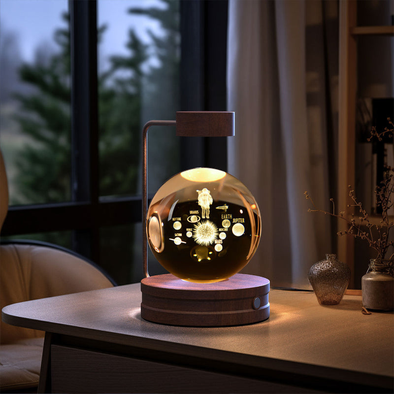 Decorative lamp with glowing design on a wooden table