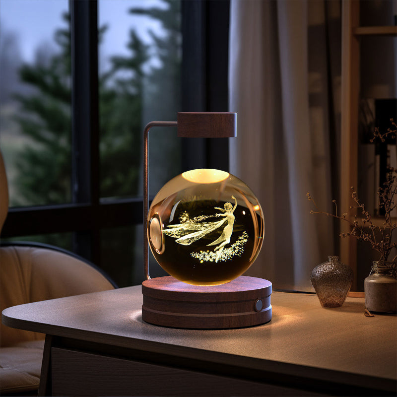 Decorative lamp with a glowing sphere on a table in a room with a window and plants.