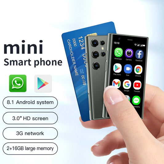 Hand holding a small smartphone next to a credit card with app icons and specifications YAXSO UAE ONLINE STORE