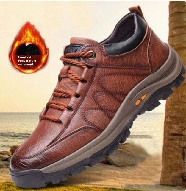 Brown leather shoe with a flame icon and text on a scenic background