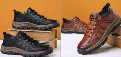 Men’s black lace-up leather hiking shoes with thick tread sole