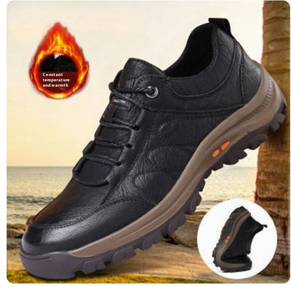 Black leather shoe with a flame symbol and text on a scenic background