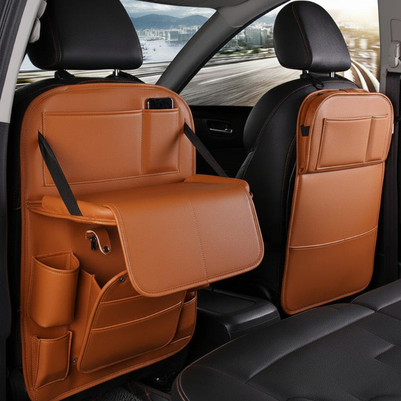 Car seat back PU leather organizer with flip tray and side compartments, tan