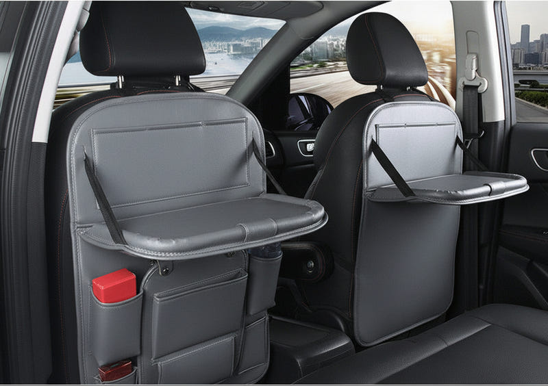 Car seat back PU leather organizer with dual trays and side storage pockets, dark gray
