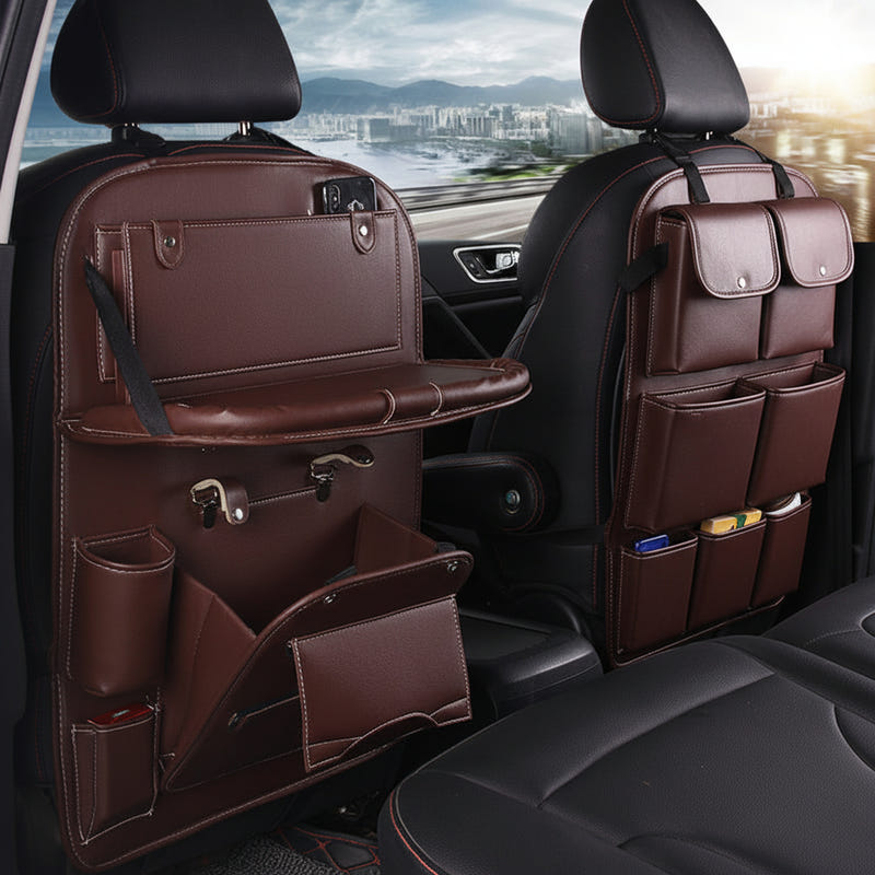 Car seat back PU leather organizer with built-in tray and multi-pocket storage, brown