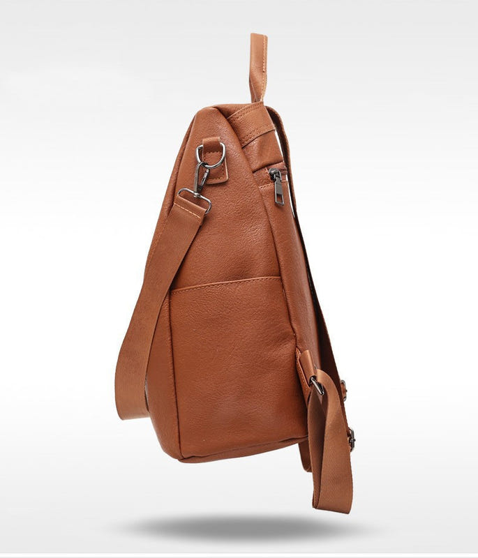 Brown PU leather large casual backpack with top handle and front buckle pocket
