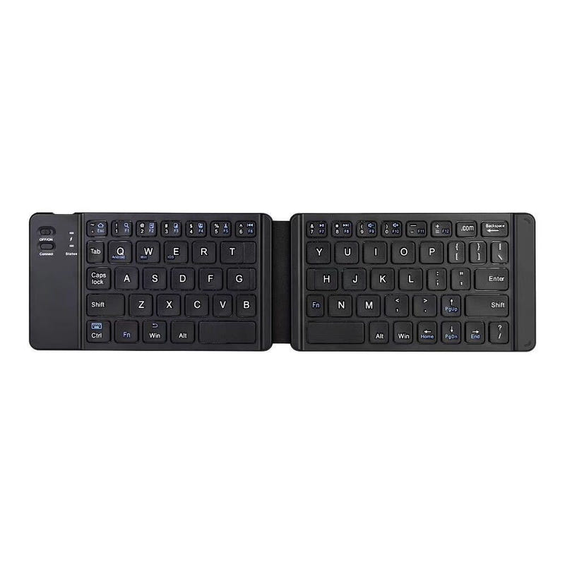 Foldable virtual laser keyboard in black, shown folded open with QWERTY layout