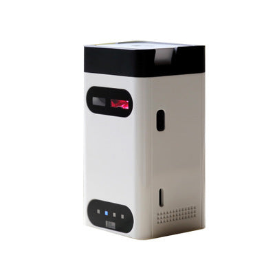 White electronic device with black accents on a white background