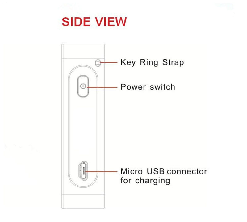 Foldable virtual laser keyboard side view with key ring strap, power switch, micro USB
