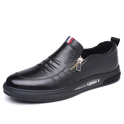 Black leather shoe with a zipper on a white background