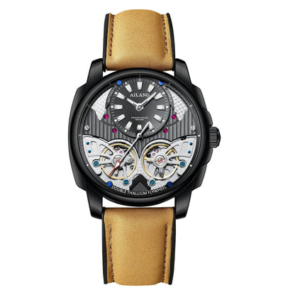 Watch with a brown leather strap and black dial on a white background