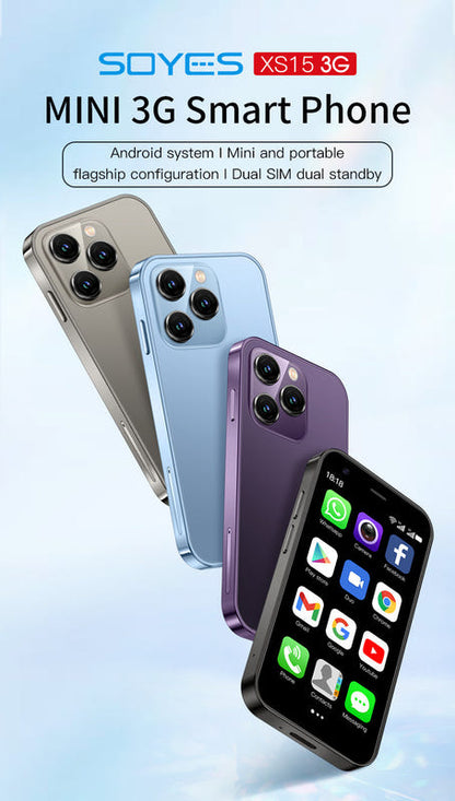 Mini 3G smart phone in blue, gray, and purple with touchscreen