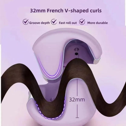 Hair curling tool with 32mm French V-shaped curls on a purple background