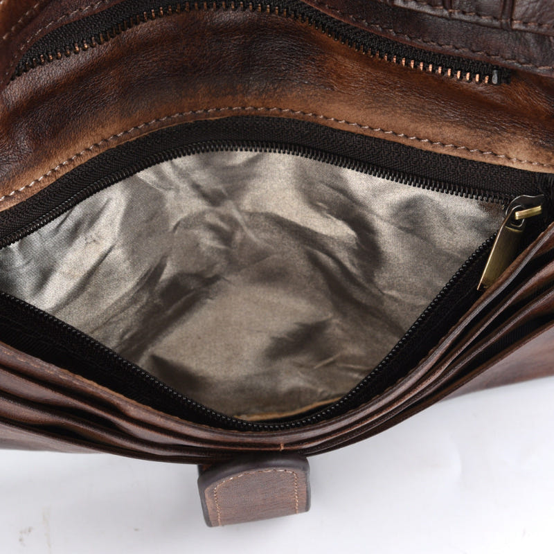 Brown leather long wallet interior with fabric lining and zippered compartment