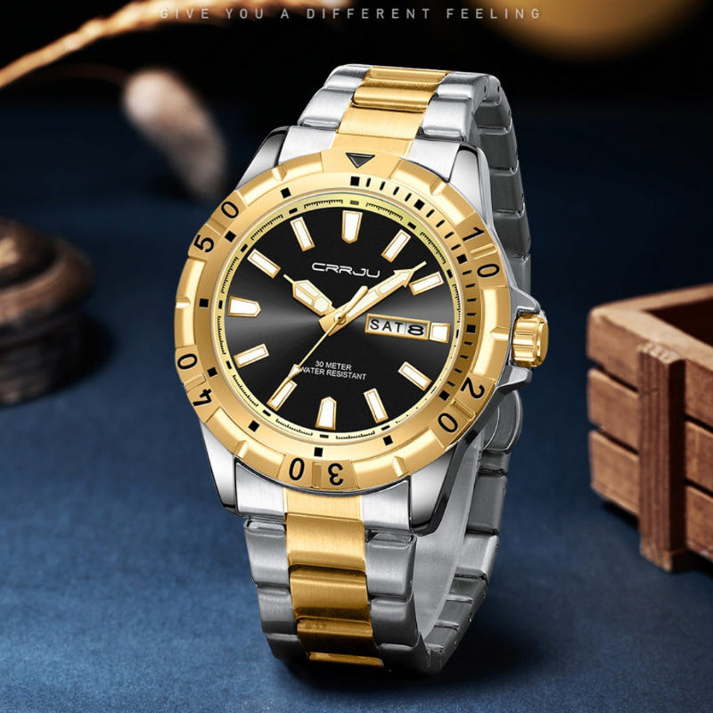 Two-tone quartz business watch, gold bezel, black dial, metal bracelet, date window