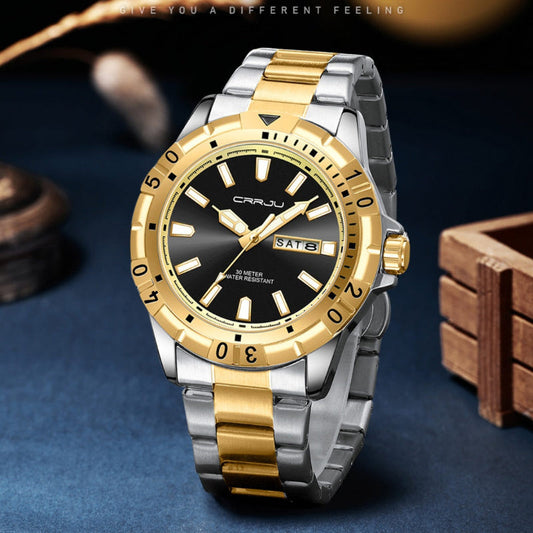 Two-tone quartz business watch, gold bezel, black dial, metal bracelet, date window